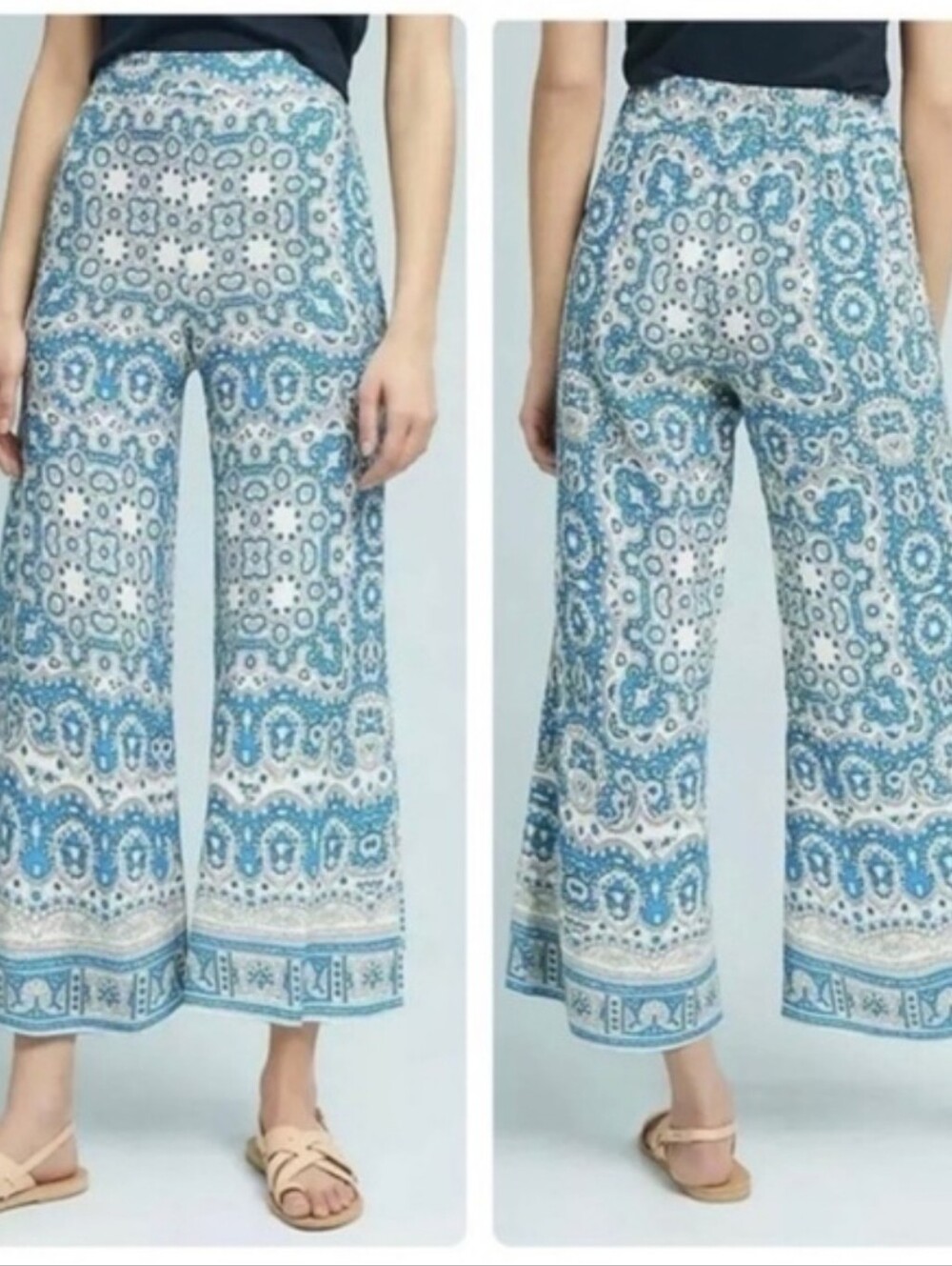 Feather Bone y Anthropology Casual Blue & White Printed Wide-Leg Pants Sz 2